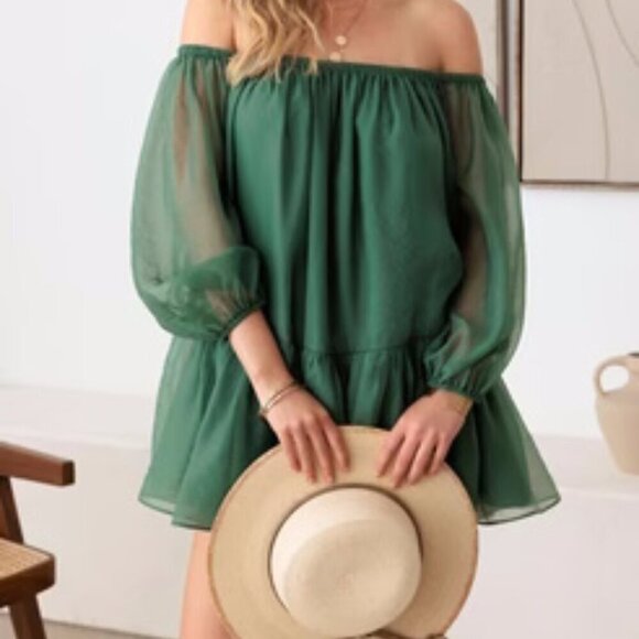 Boutique Green Organza Off Shoulder Puff Sleeve Mini Dress - Picture 3 of 6